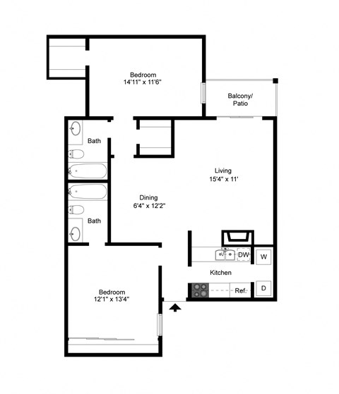 Floor plan for 2 beds, 2 baths, 1061 sqft
